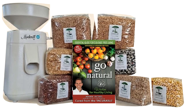 Essential Stone Mill Starter Bundle with 1 Mockmill 100 Stone Mill, the Go Natural book and grain product photographs. View the bundle for its contents and offer details.