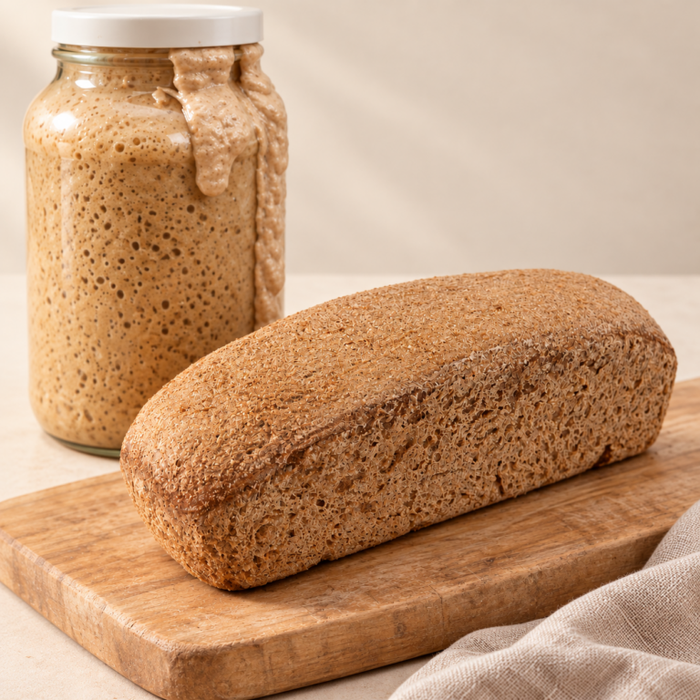 large three-litre starter jar beside sourdough loa. Johan Sourdough Bread 1KG
