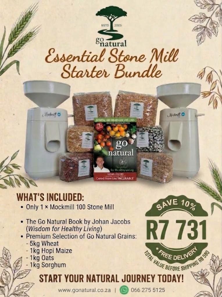 MM100 Bundle Starter #1. Mockmill 100 Starter Bundle Pack (5kg Wheat, 1kg Hopi Maize, 1kg Oat, 1kg Sorghum, Go Natural Book+ Mockmill 100 Stonemill)