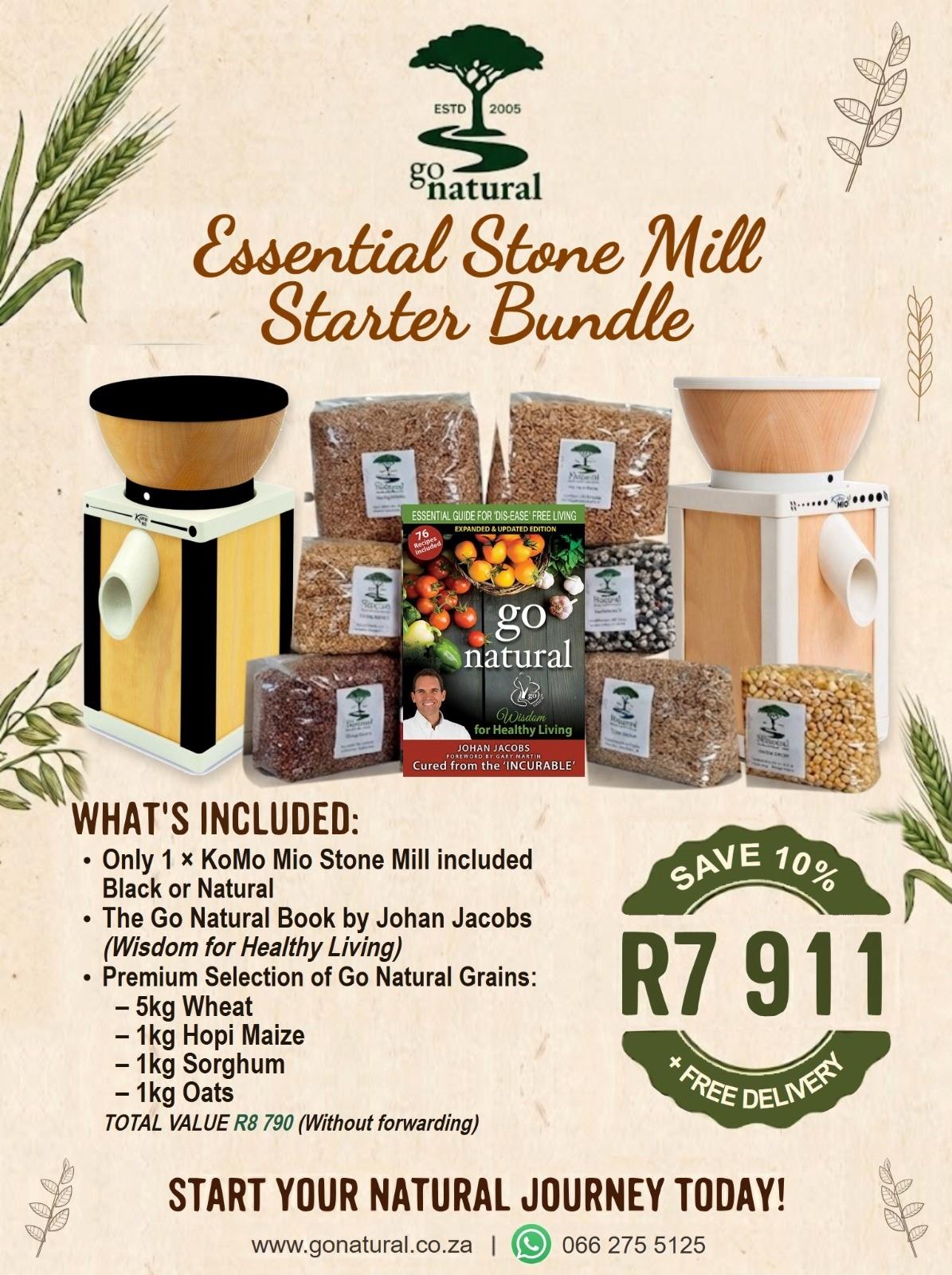 Komomio Bundel starter pack #1. KomoMio Starter Bundle Pack (5kg Wheat, 1kg Hopi Maize, 1kg Oat, 1kg Sorghum, Go Natural Book+ Komomio Stonemill)